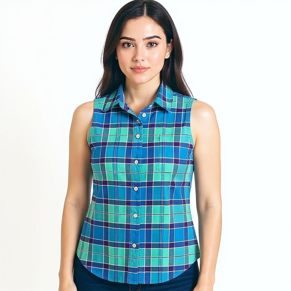 Ralph Lauren Button Silk Front Shirt Collared Sleeveless Blouse Top Small 4 Blue
